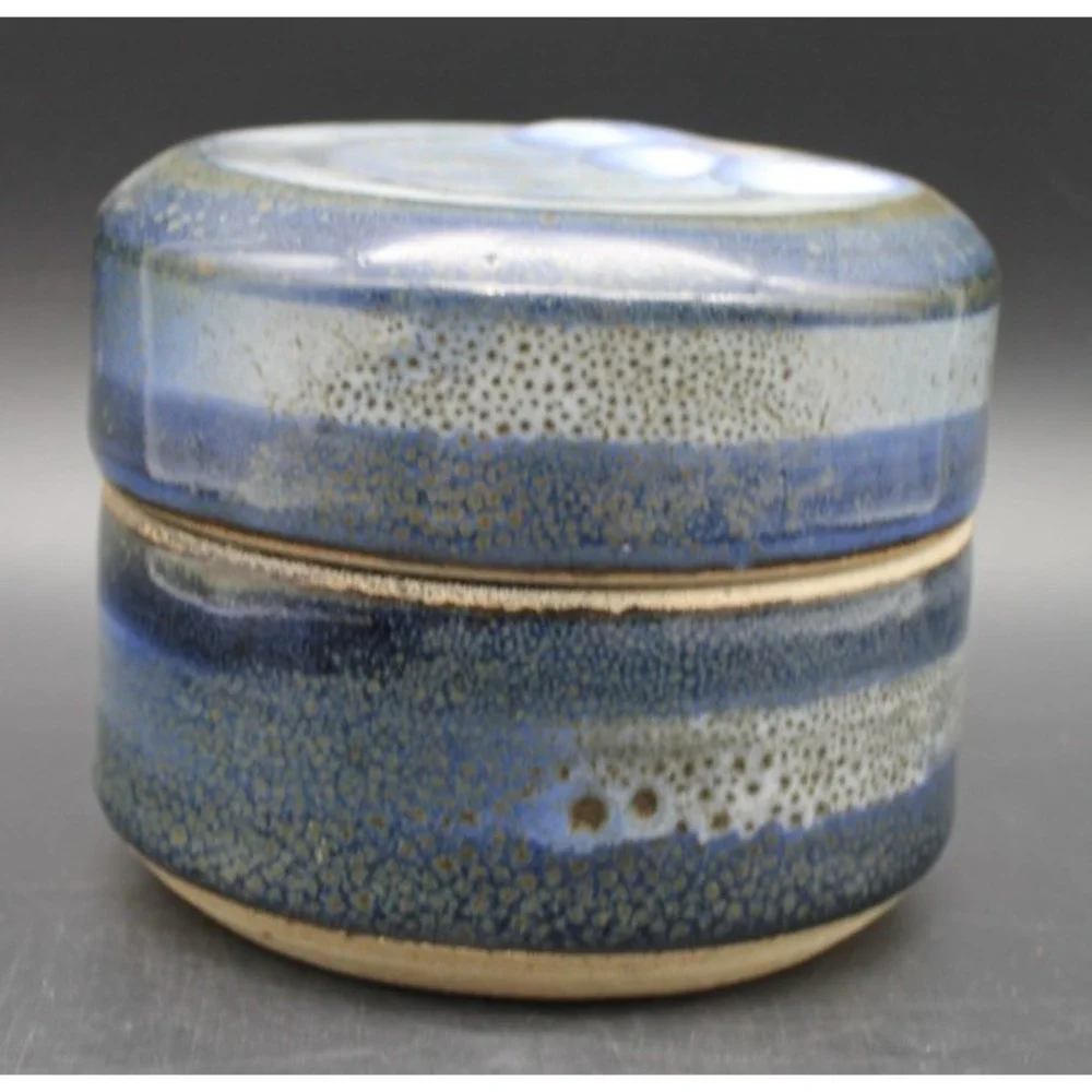 Studio Pottery Lidded Jar Blue Speckled Stoneware Trinket Box Handmade 4in